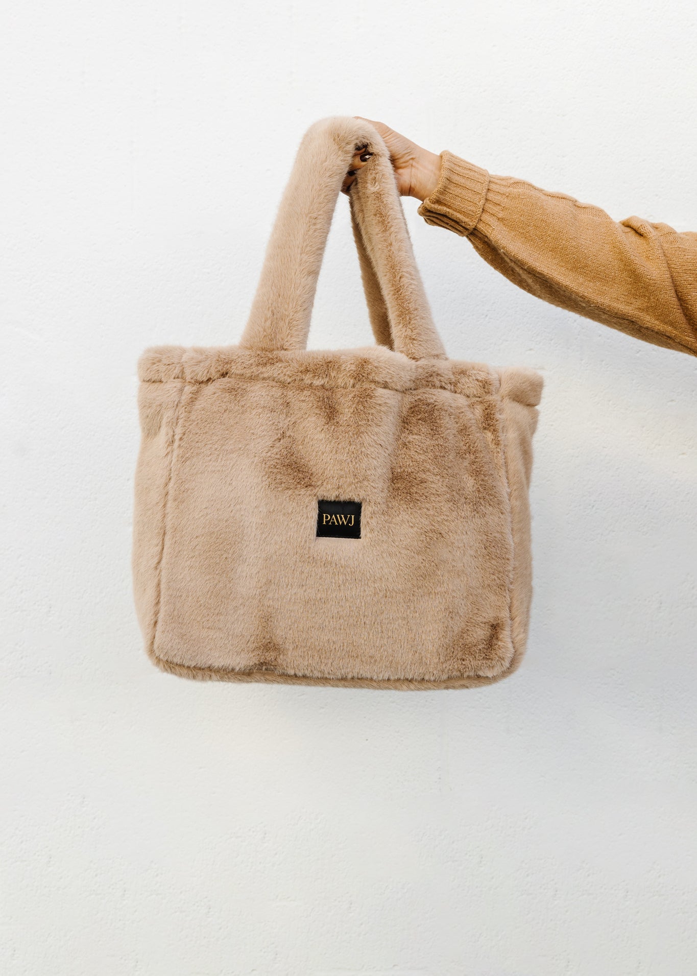 Large Tan Faux Fur Handbag with Black PAWJ Patch
