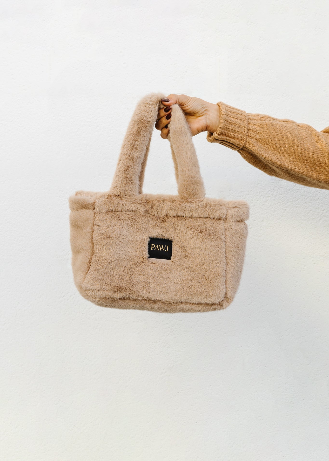 Mini Tan Faux Fur Handbag with Black PAWJ Patch