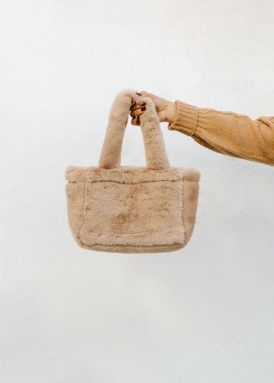 Mini Tan Faux Fur Handbag with Black PAWJ Patch