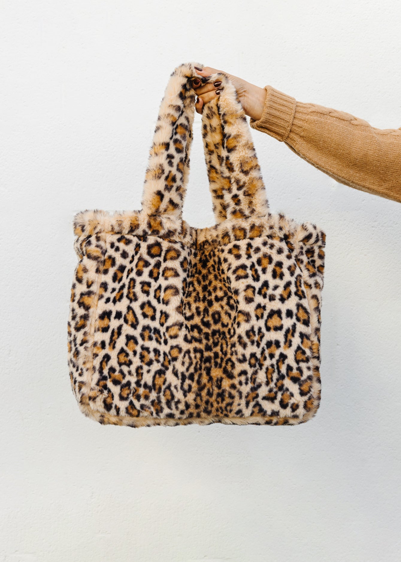 Large Leopard Faux Fur Handbag with Black PAWJ Patch