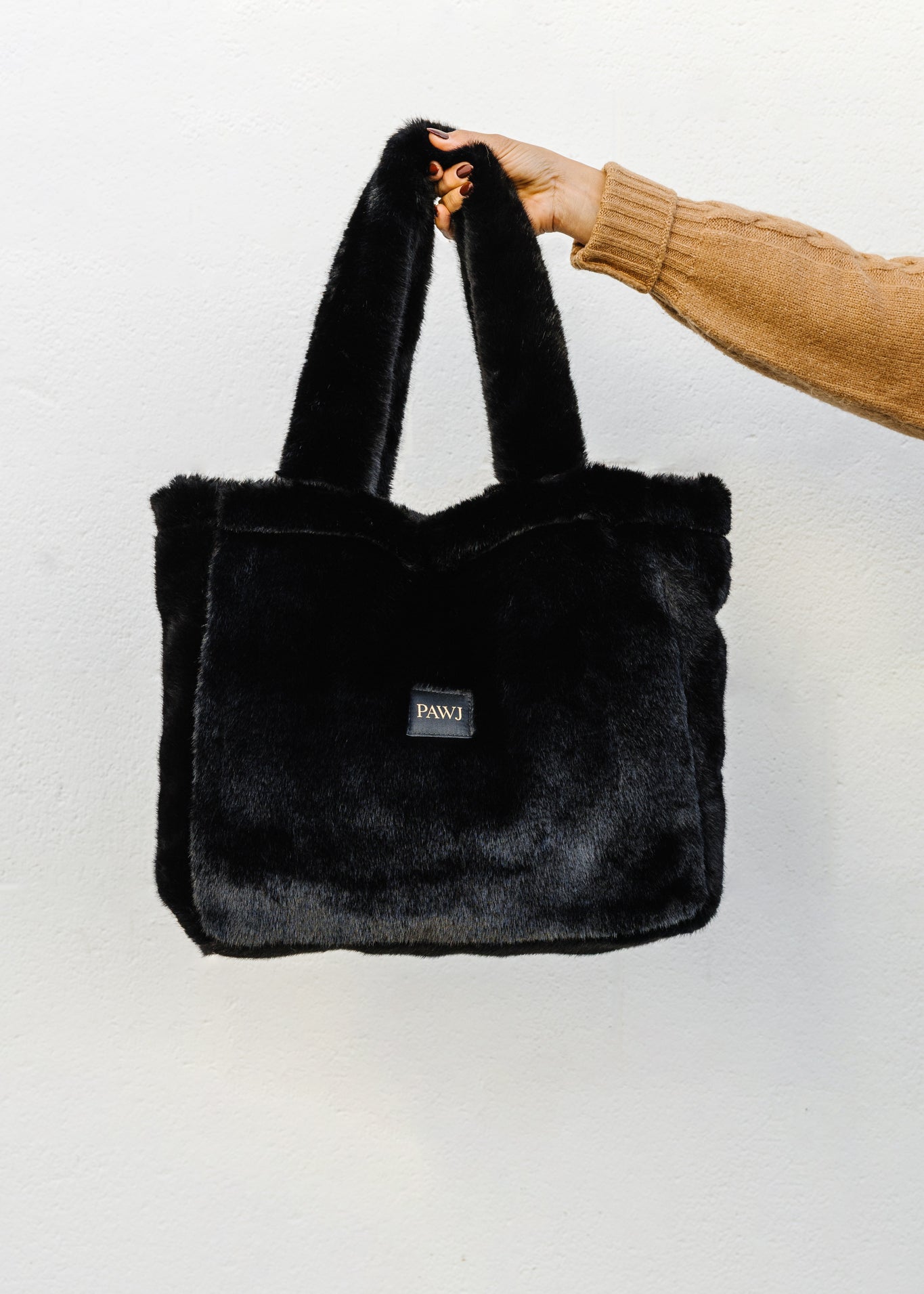 Large Black Faux Fur Handbag with Black PAWJ Patch