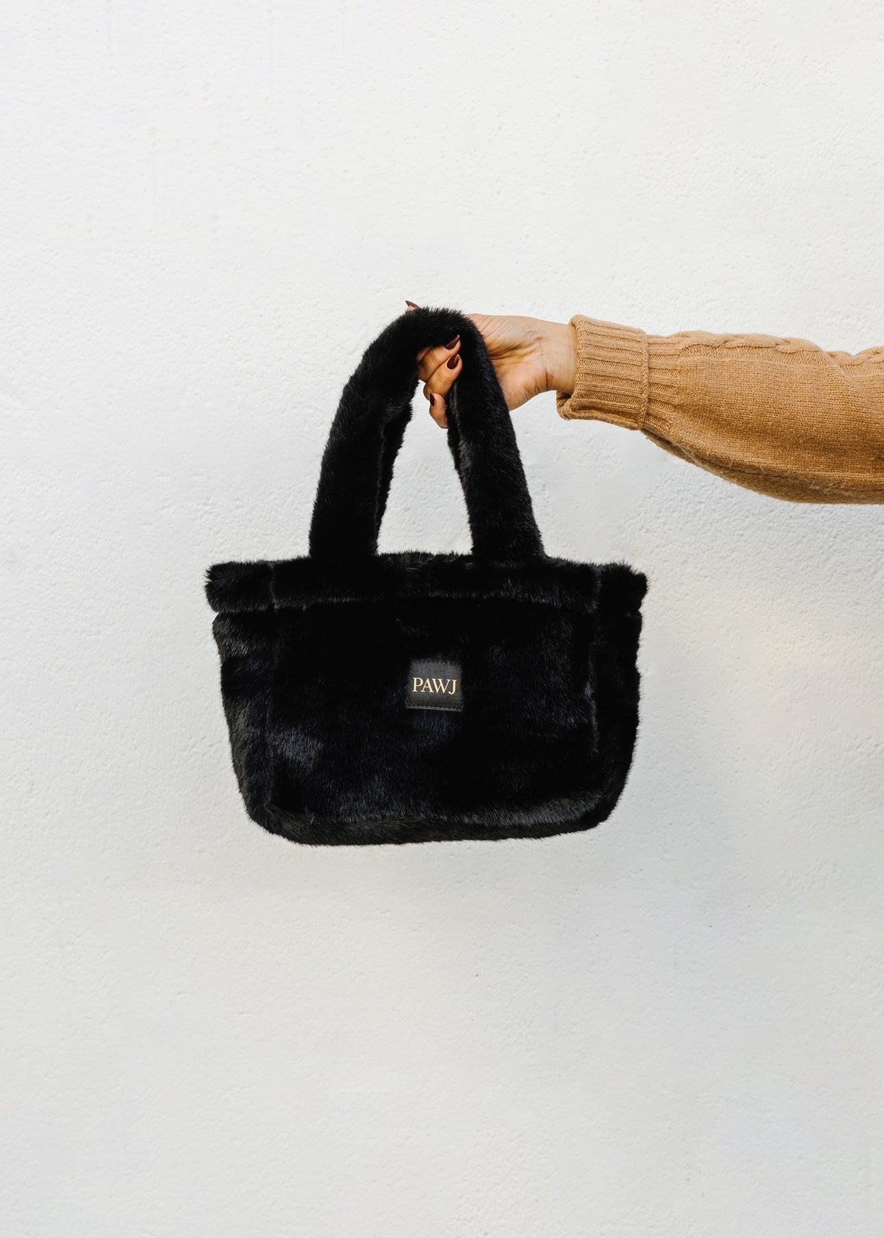 Mini Black Faux Fur Handbag with Black PAWJ Patch