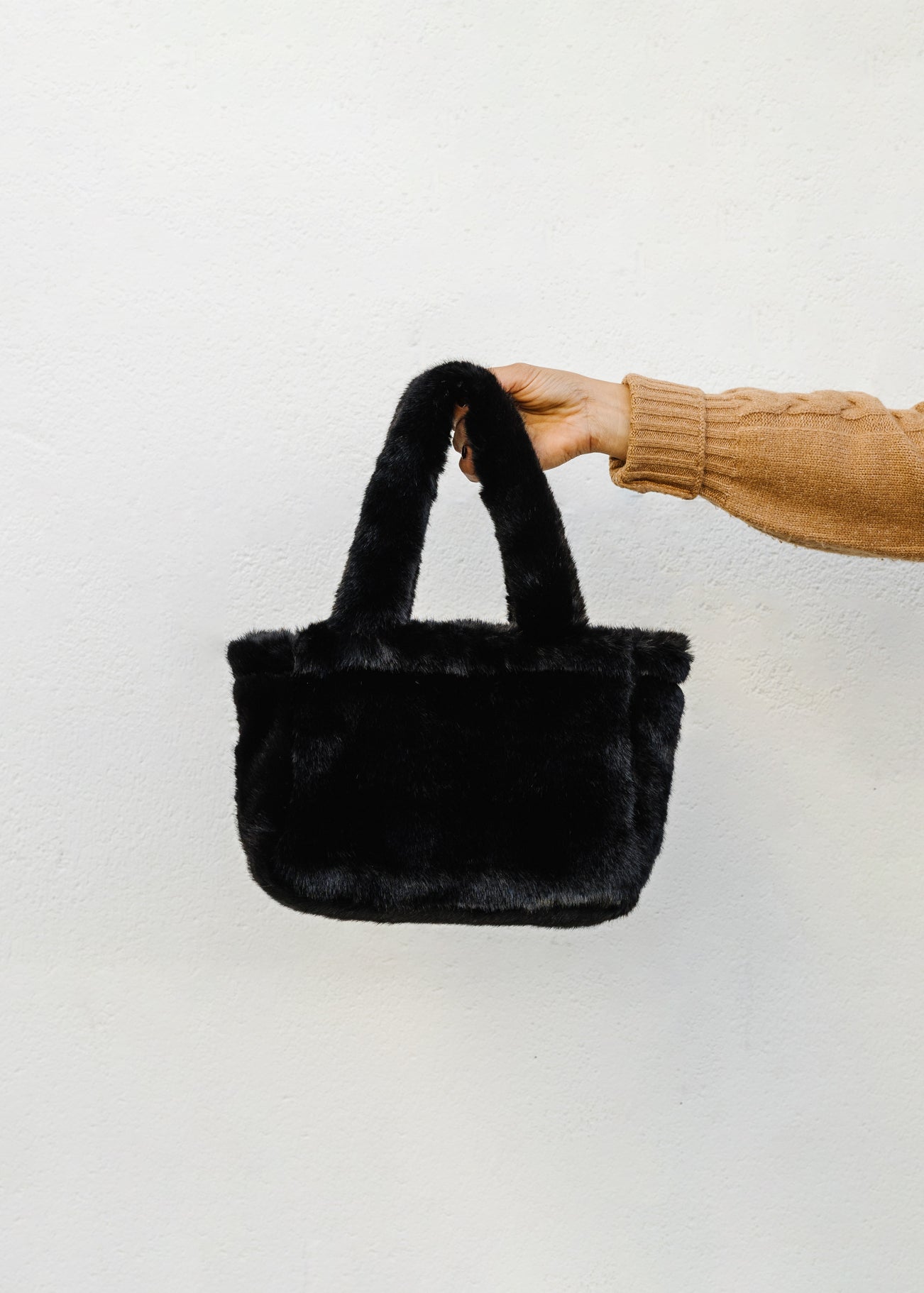 Mini Black Faux Fur Handbag with Black PAWJ Patch