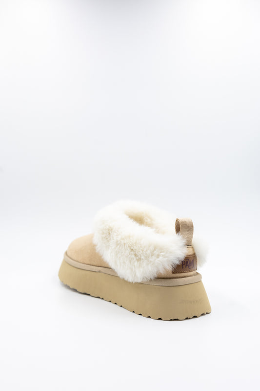 PAWJ Stevie Platform Fur Trim Slipper | Tan