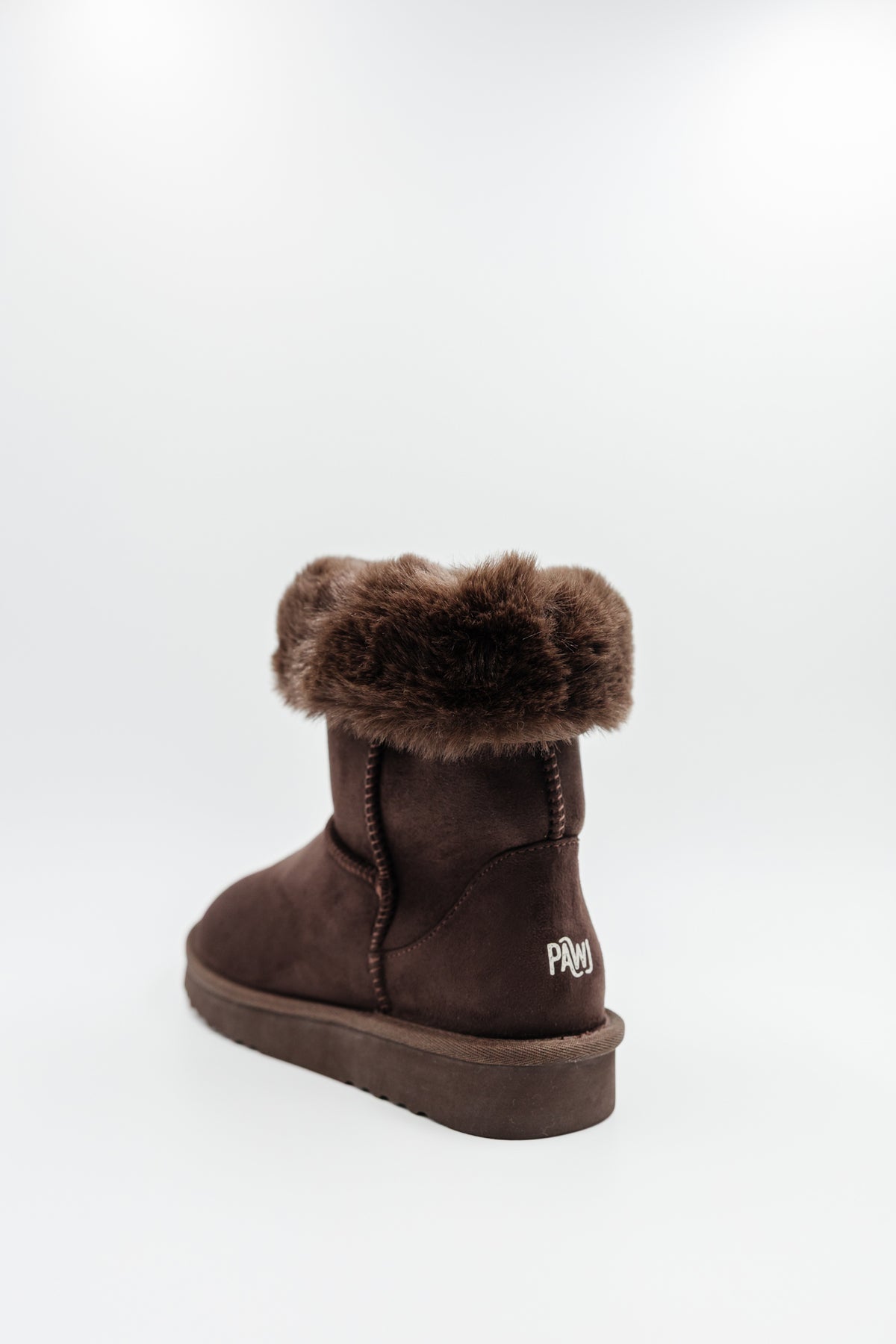 PAWJ Short brown boot with brown (teddy) faux fur shown from rear view with top folded