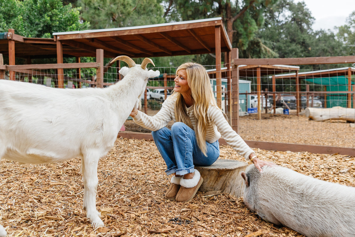 Julee, owner of PAWJ, sitting on a log in a striped sweater wearing Marley slipper petting a Goat and a pig