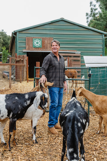 Man wearing flannel and the chestnut PAWJ roe clog petting goats at Kindred Spirits Animal Sanctuary